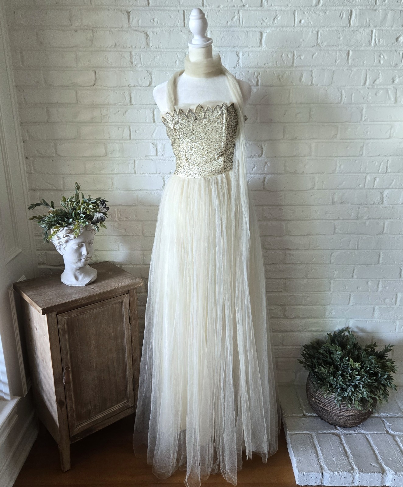 Vtg 1950s Ivory Tulle & Satin Embellished Gown, Party Dress, Wedding, XS/2
