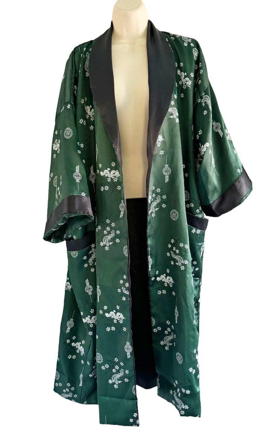 Lanna Pine Thai Silk Woman’s Sz L Reversible Black Green Dragon Kimono Robe