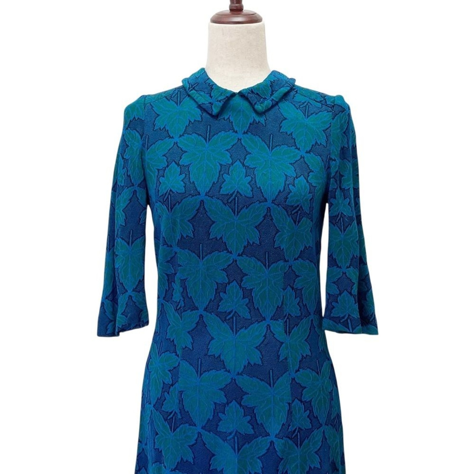 Vintage 1960s Jean Lang Original Blue Green Jacquard Leaf Print Dress Mod A-Line