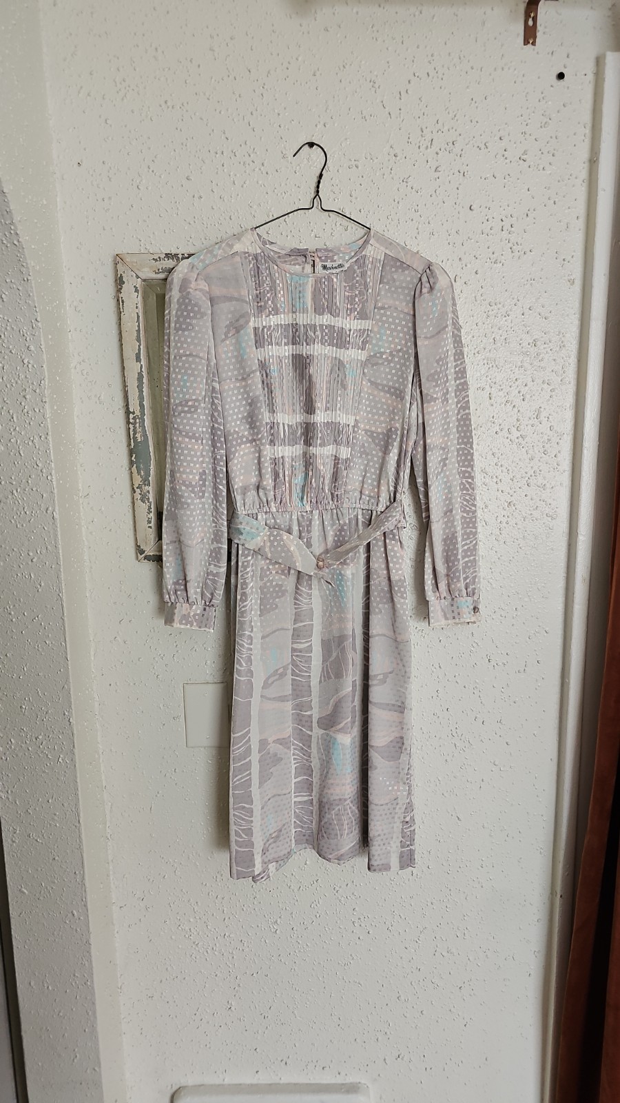 Vintage Silver Pleated Dress With Belt By Mavinette Size 14