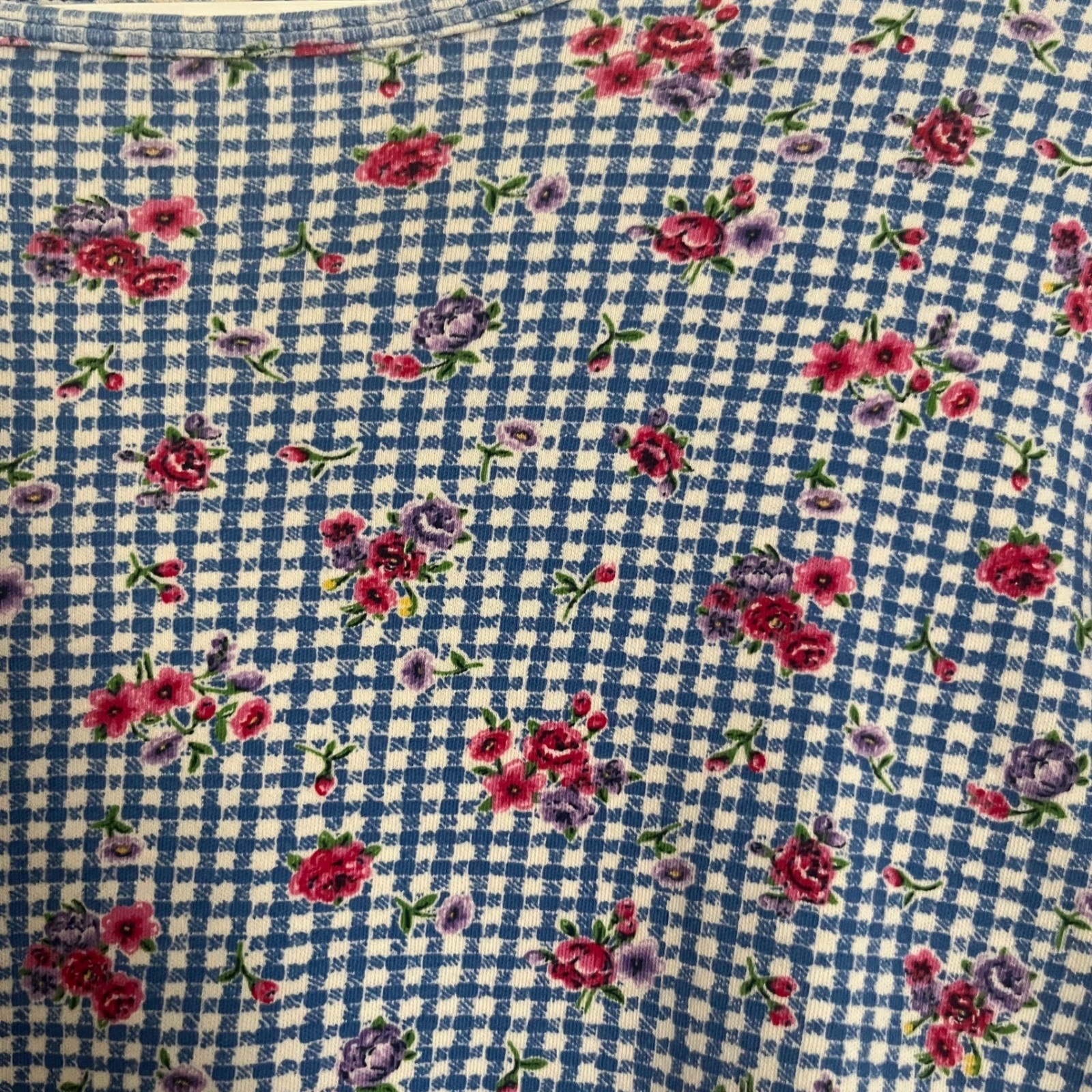 Vintage Cascade Blues Blue White Pink Floral Gingham 100% Cotton Shirt L