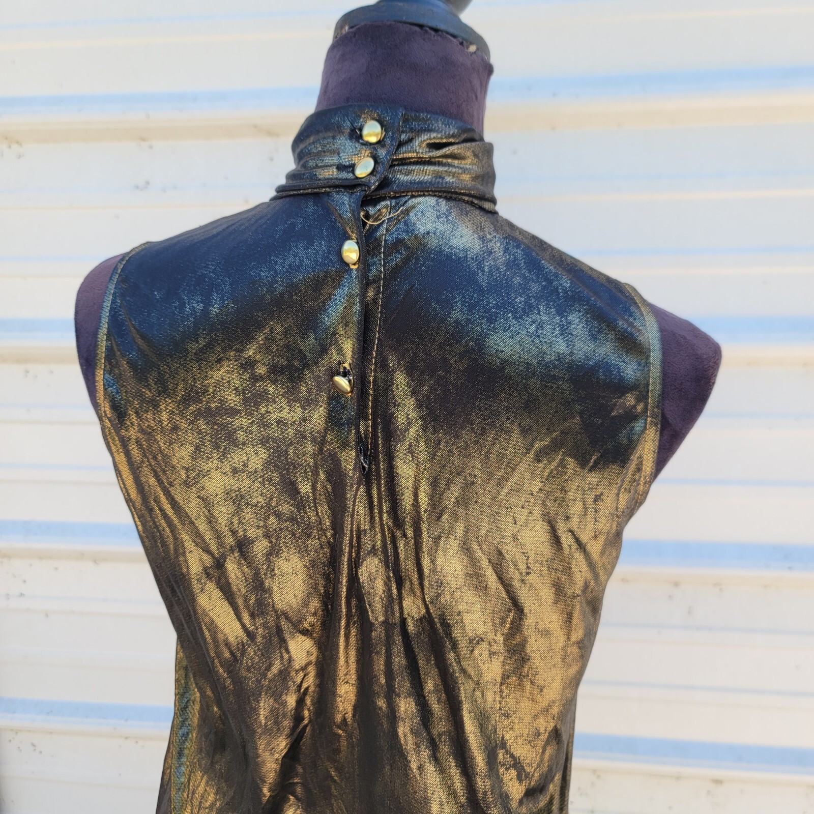 Vintage Anna Kriste Blouse Shirt – Size 10 Petite – Black Gold High Neck Shiny
