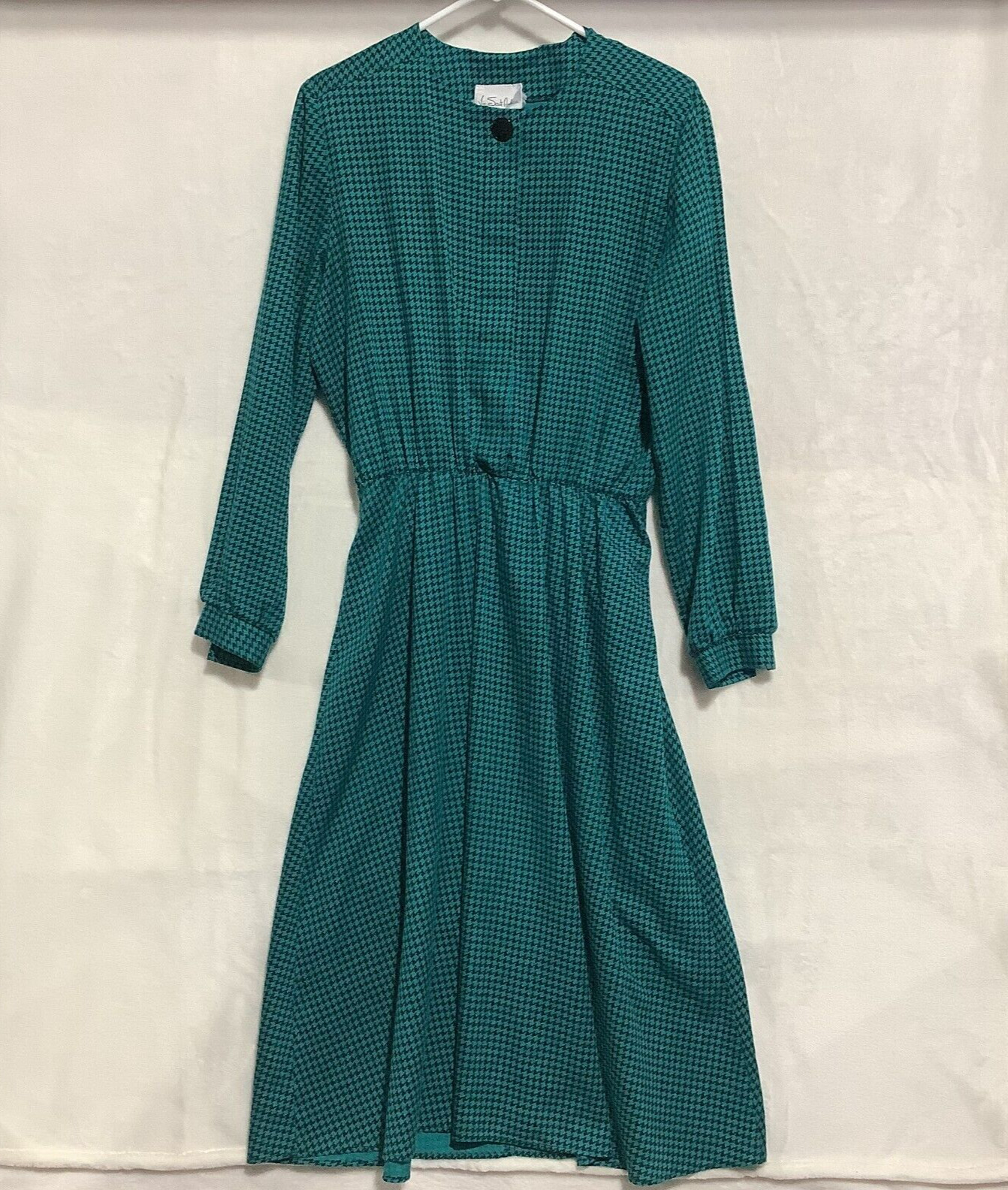 Vintage Via Sant Andrea Dress Jade Green Houndstooth 1/2 Button Peasant Sz12 USA