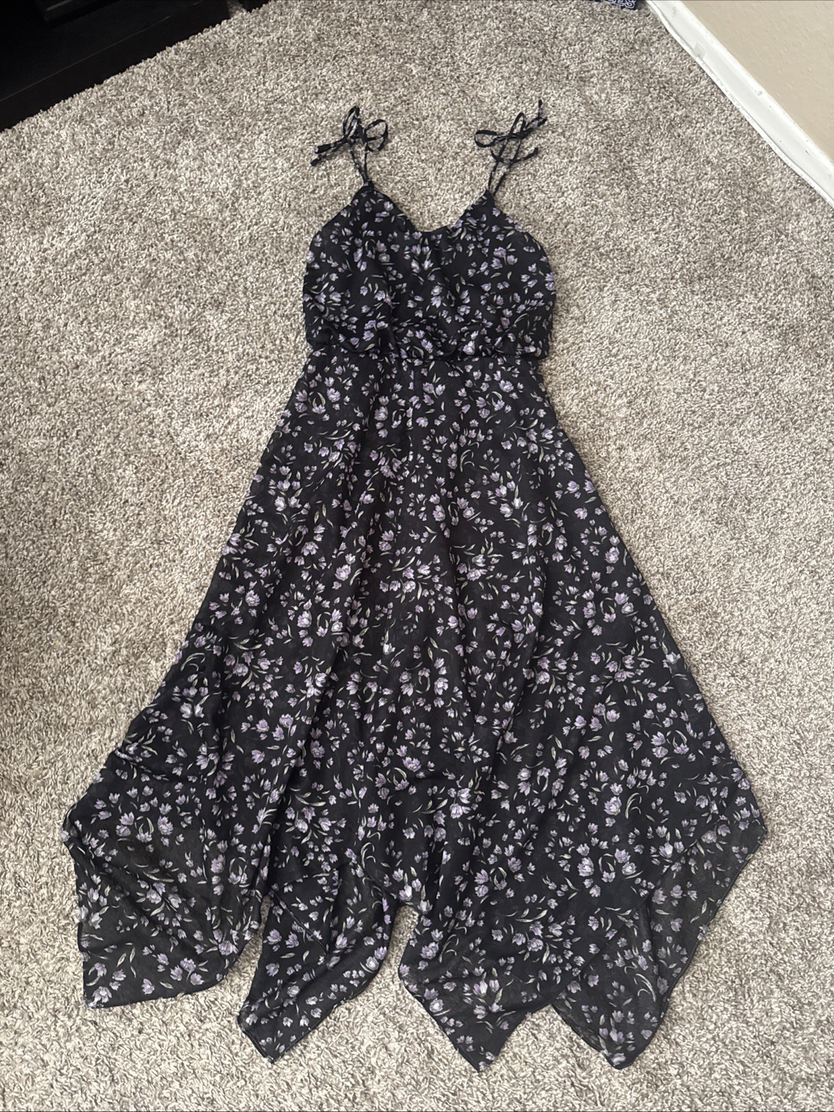 1970s Sheer Lightweight Black Dress With Purple Flowers Handkerchief Hem