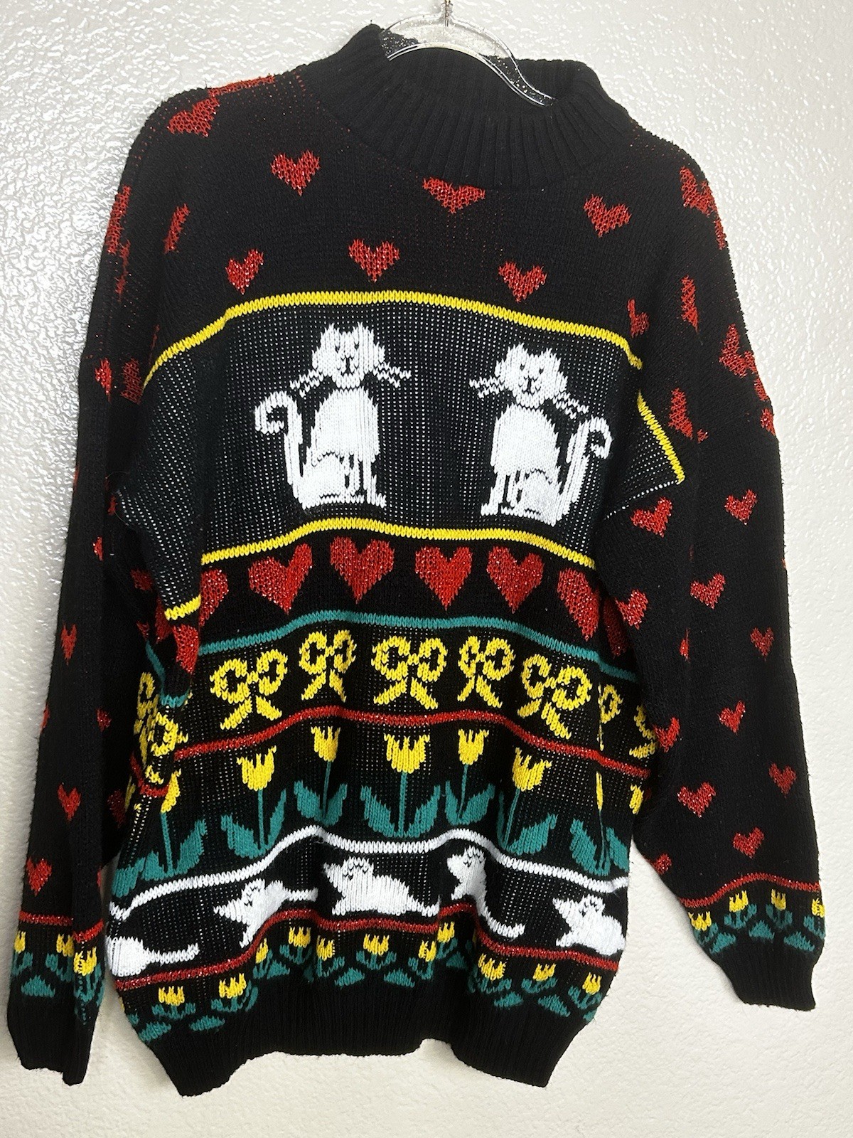 Vintage 80’s Adele Knitwear Knit Sweater Cat & Mice USA Med/Lg Oversized Lurex