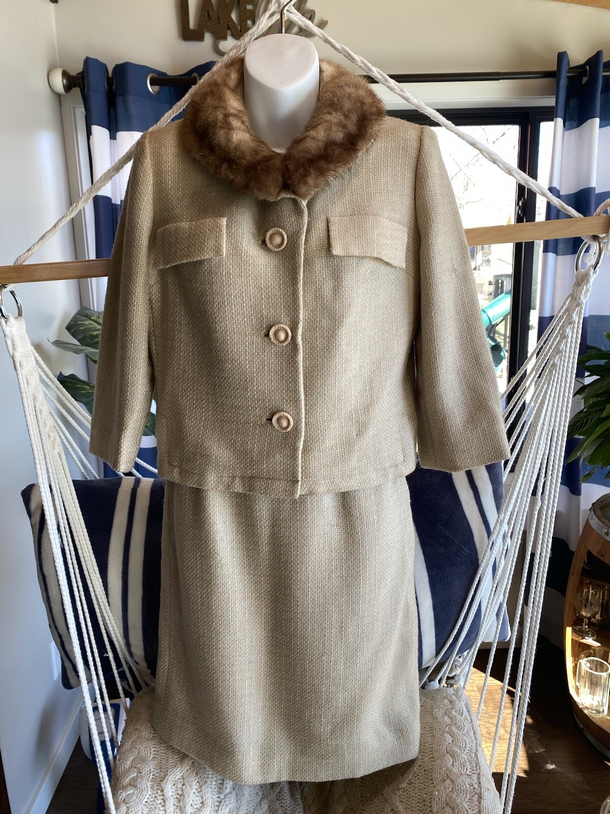 VTG MARISSA Of CALF SUIT JACKIE O STYLE Fur Collar Jacket SM Cream 1950/60’s