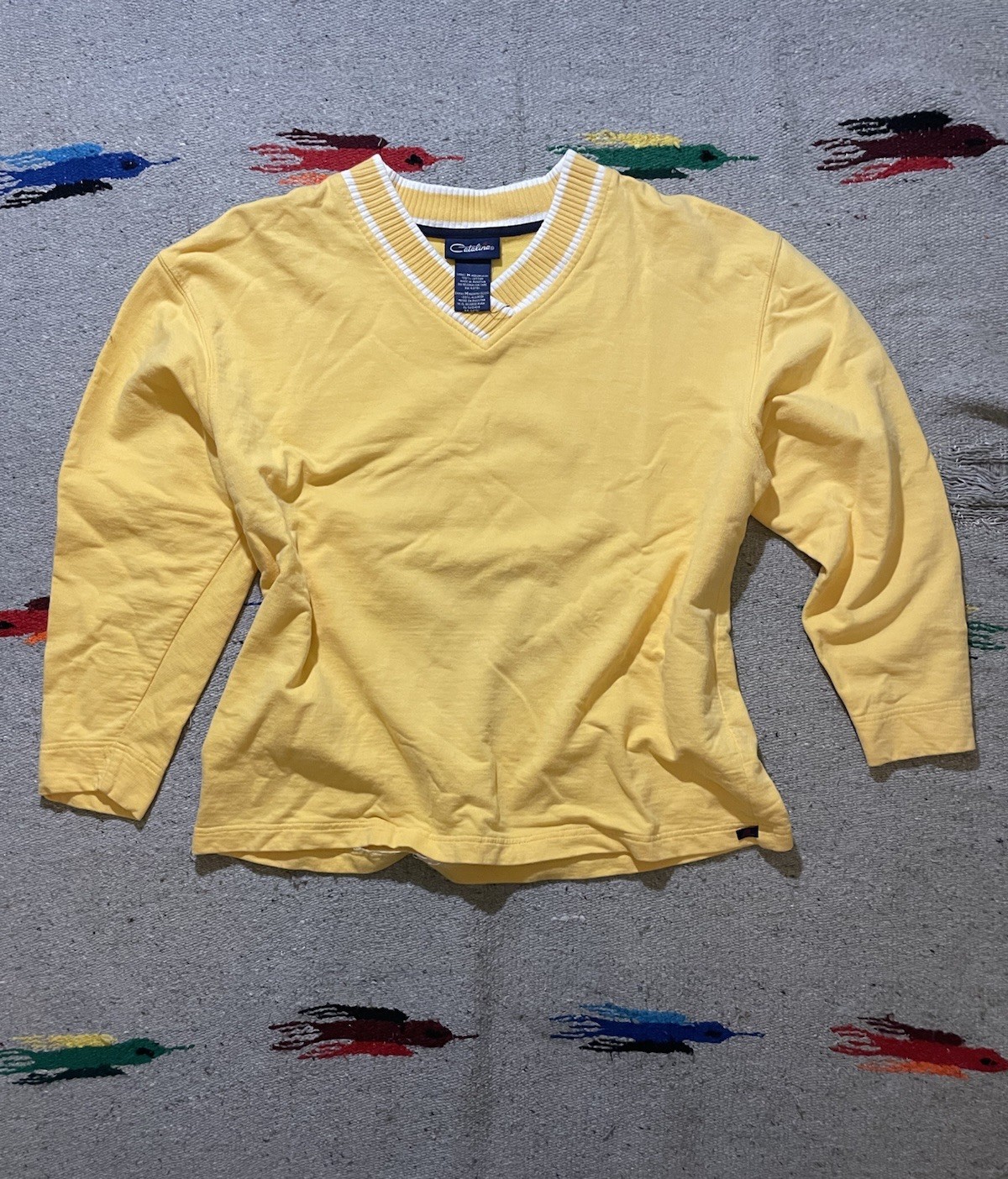 Catalina Yellow Cotton Tight-Knit V-Neck Pullover Sweater Striped Trim women’s M