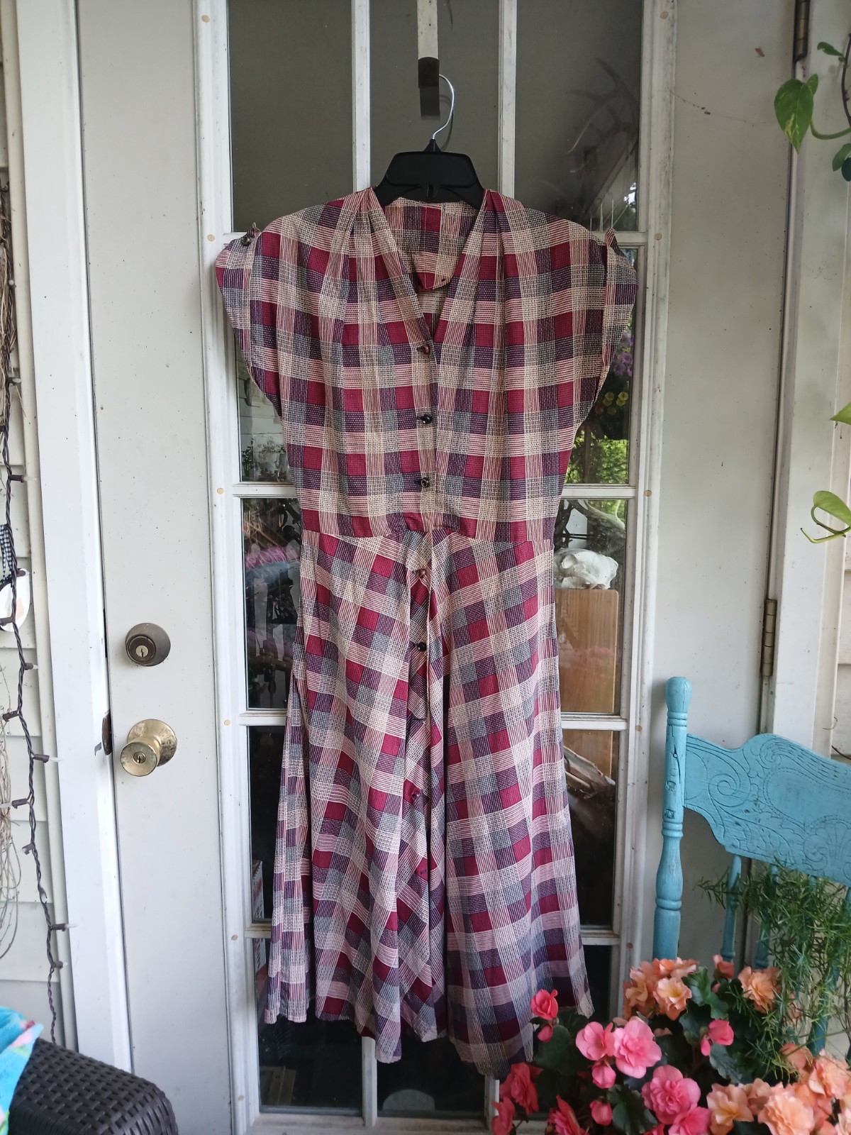1940s Cotton Red, White And Blue Plaid Dress