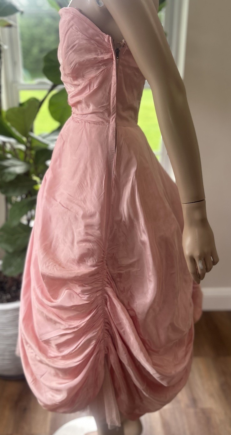 Vintage 1950s Will Steinman Rose Pink Cupcake Satin Silky Prom Gown Dress