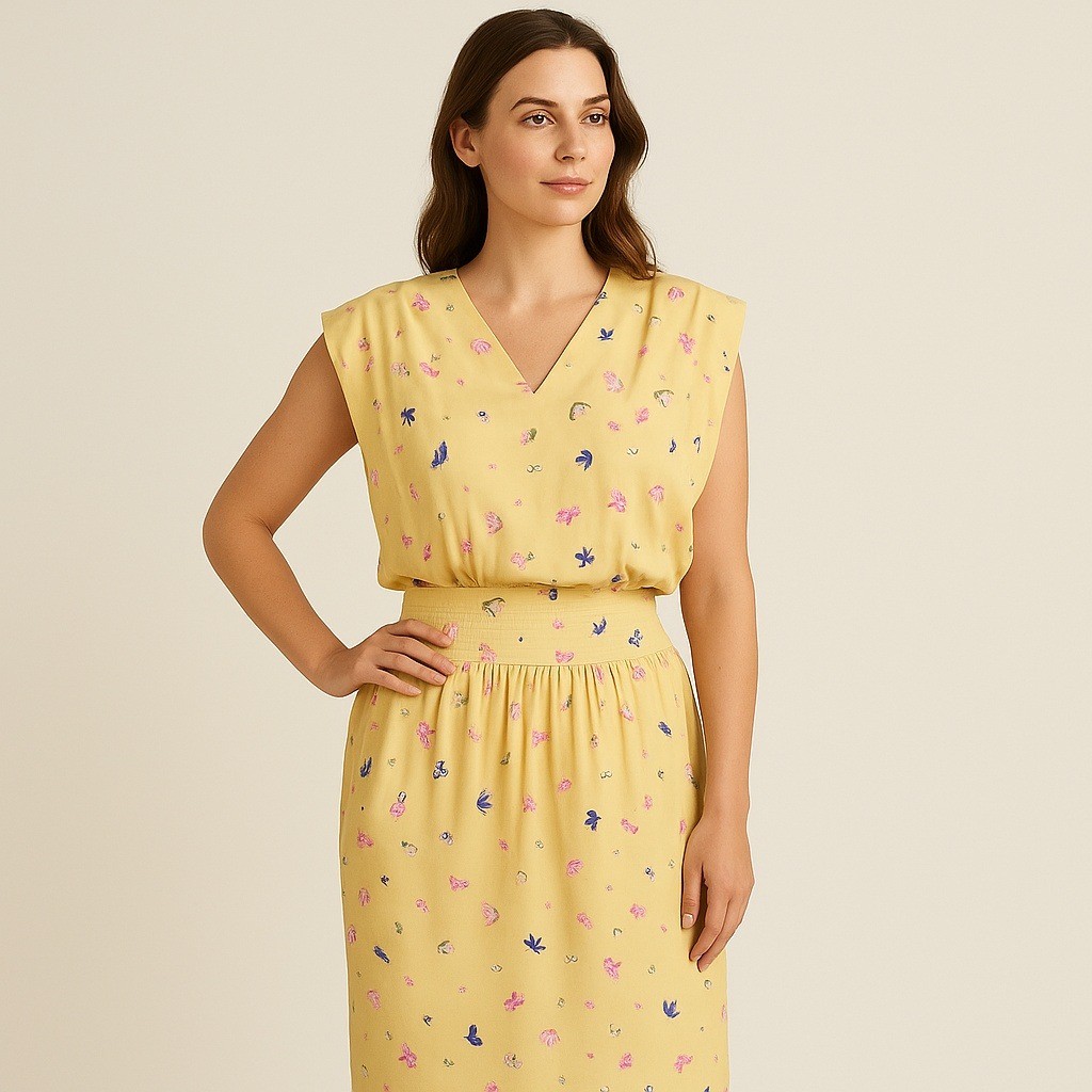 Vintage 80s Charles Bianco Italian Collection Silk Dress Yellow Butterfly Floral