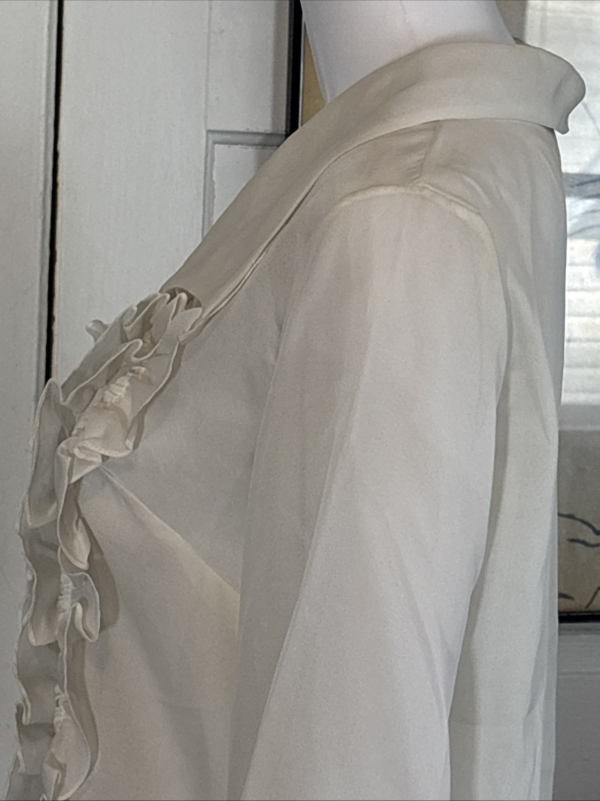 VTG 70s Women’s White Cropped Ruffle Shirt ALADDIN 36/16 Longsleeve Button Sheer