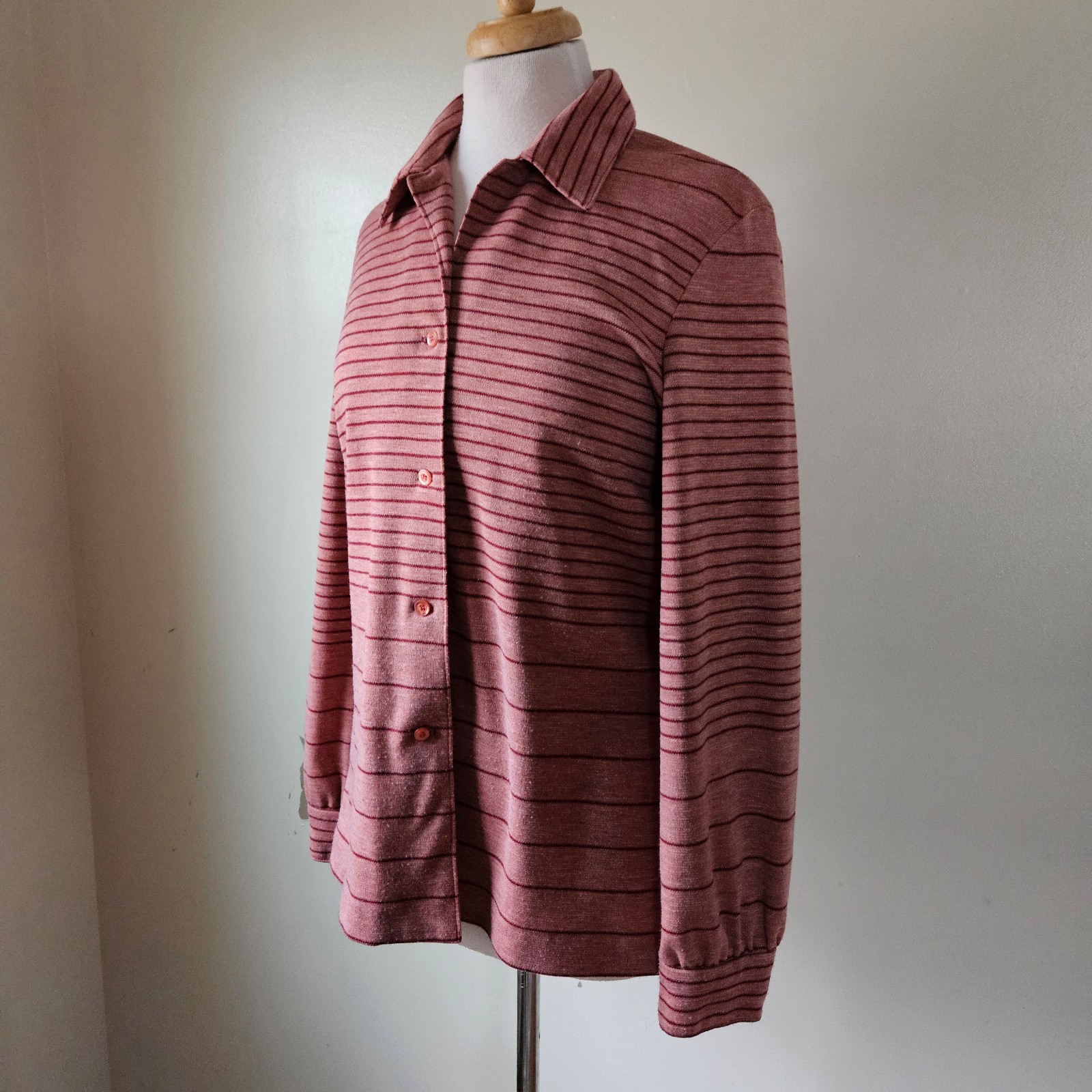 Mr. Beau RL Davis Vintage 1970s Poly Knit Heathered Striped Button Top Shirt M/L