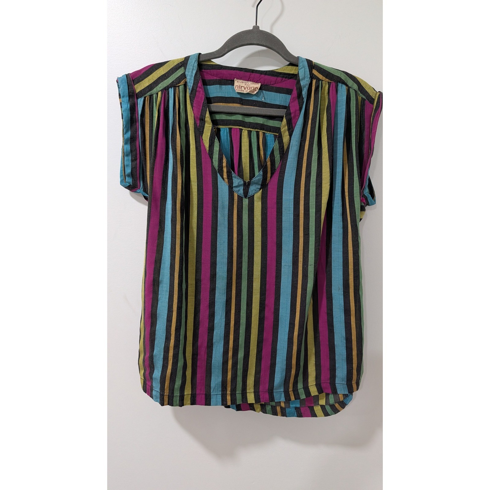 Vintage Susan Allan for Nirvana Stripe V-Neck Top Boho 1960’s Grunge Multi-Color