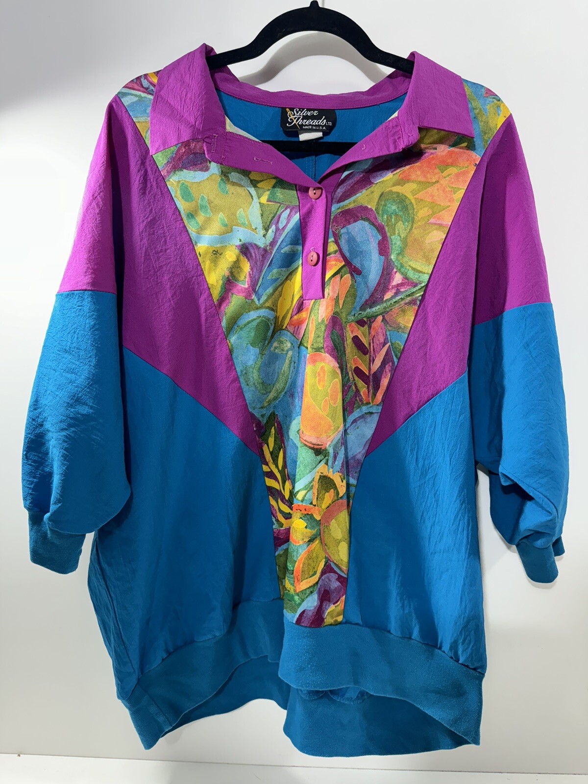 Vintage 80’s Bold Colorful Silver Threads Flowy Shirt Women’s Made In USA