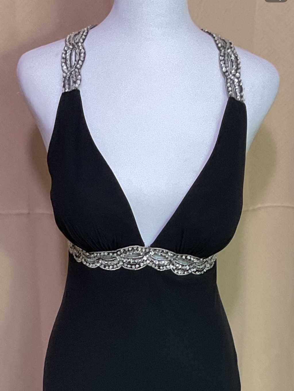 Faviana Couture Vintage Black Maxi Evening Gown with Silver Beaded Trim