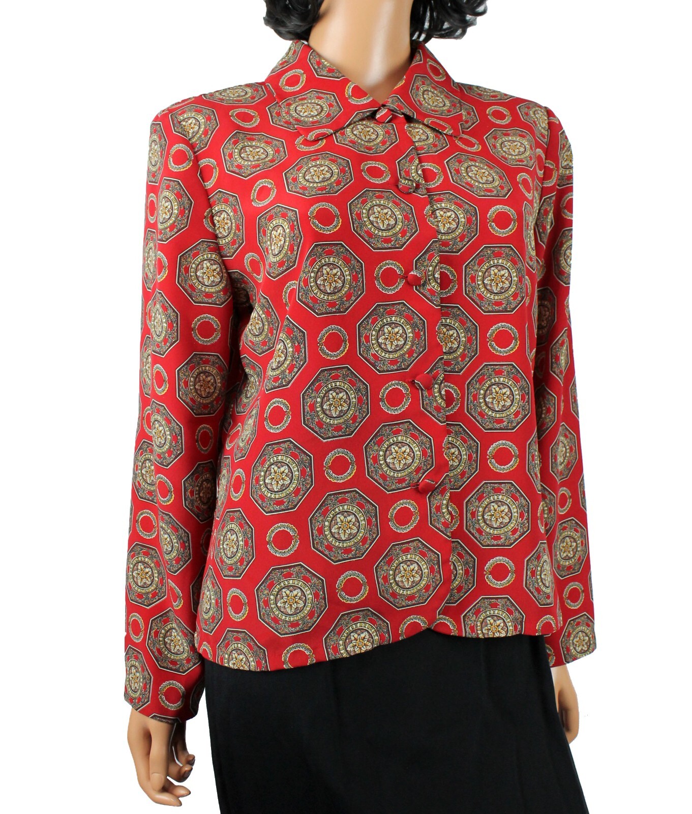Vintage Secretary Blouse Sz 12 L Christie & Jill Red Brown Geometric Dress Shirt
