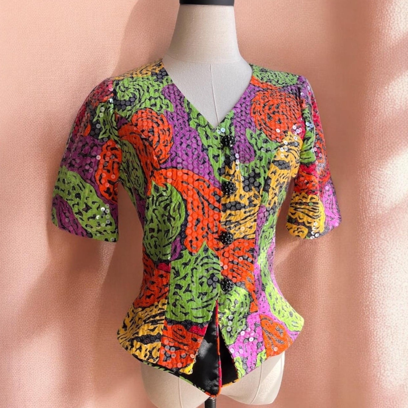 Vintage 80s Sequin Jacket Top | Neon Psychedelic Print Puff Sleeve Tailored |S/M