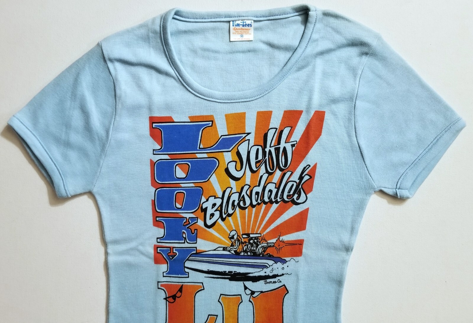 VTG 1980s DRAG BOAT RACING FUN TEES T-SHIRT V NECK WOMAN MEDIUM M TOP BLUE JET