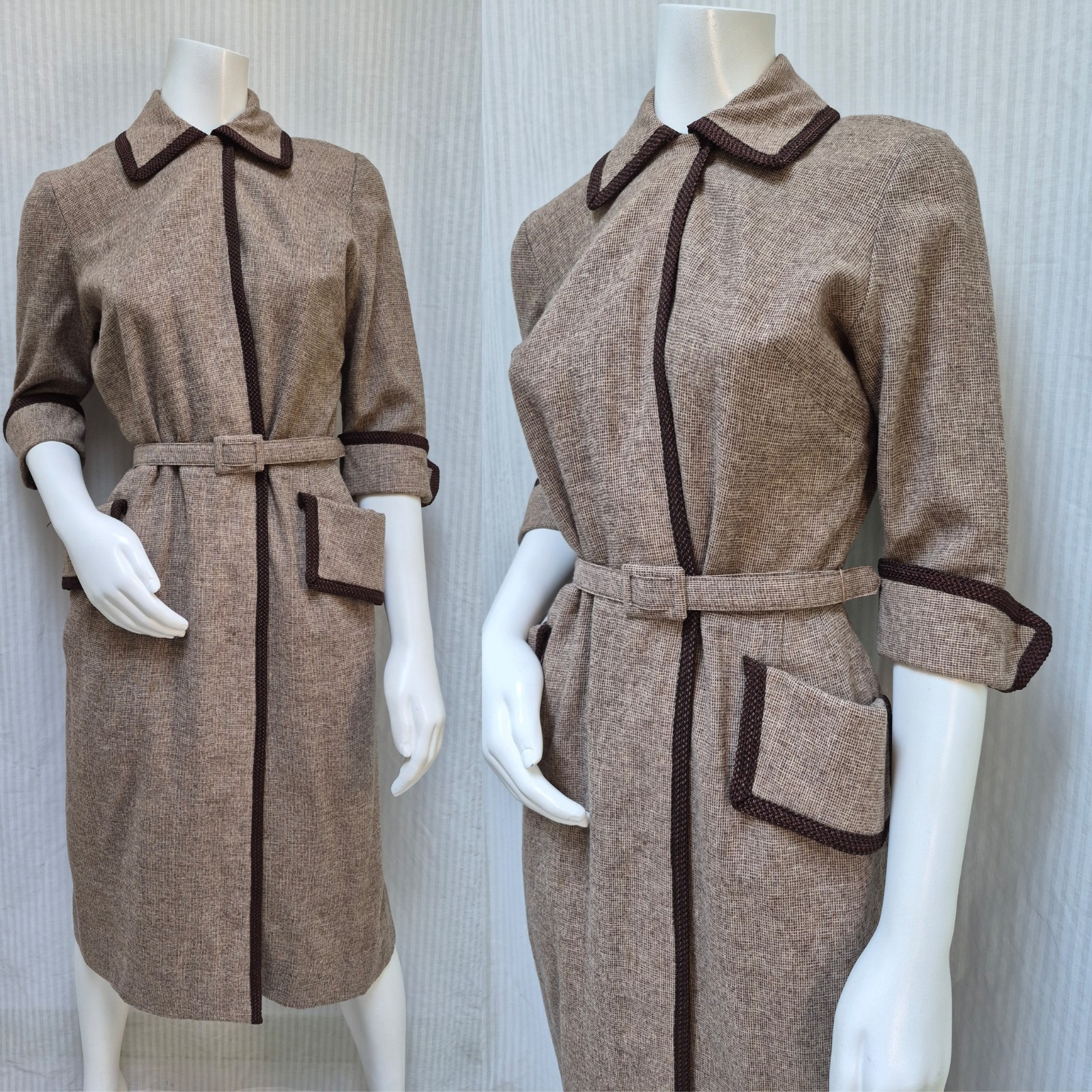 Vintage 1940/50’s Brown Tweed Wrap Dress Coat w/ Belt – Size M
