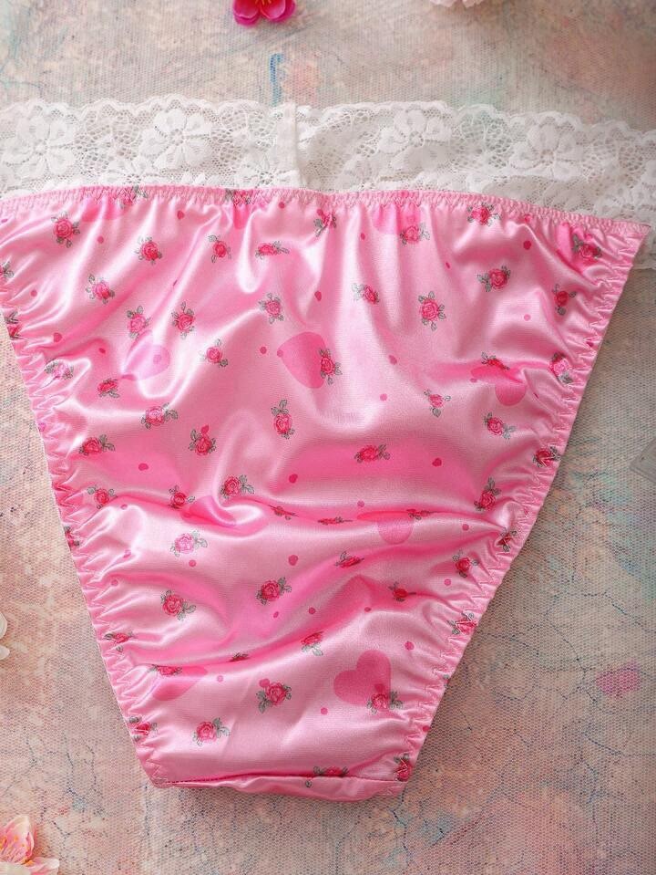 Glossy Pink Floral 2nd Skin Satin Lace Waistband Hi-Cut Rio Panties XL NEW