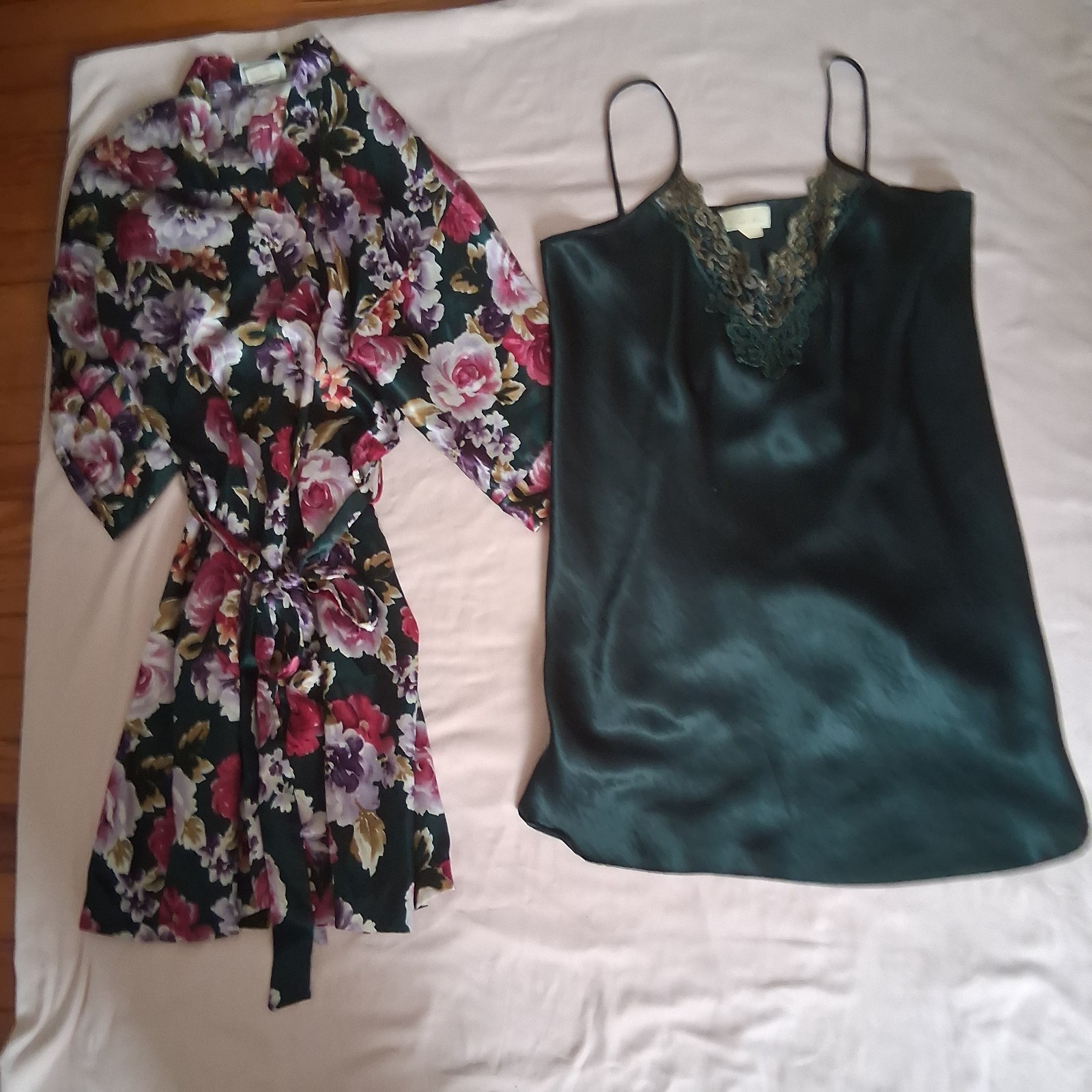 Vintage Inner Most Slip Nightie & Kimona Set Green Floral Lingerie Size Small