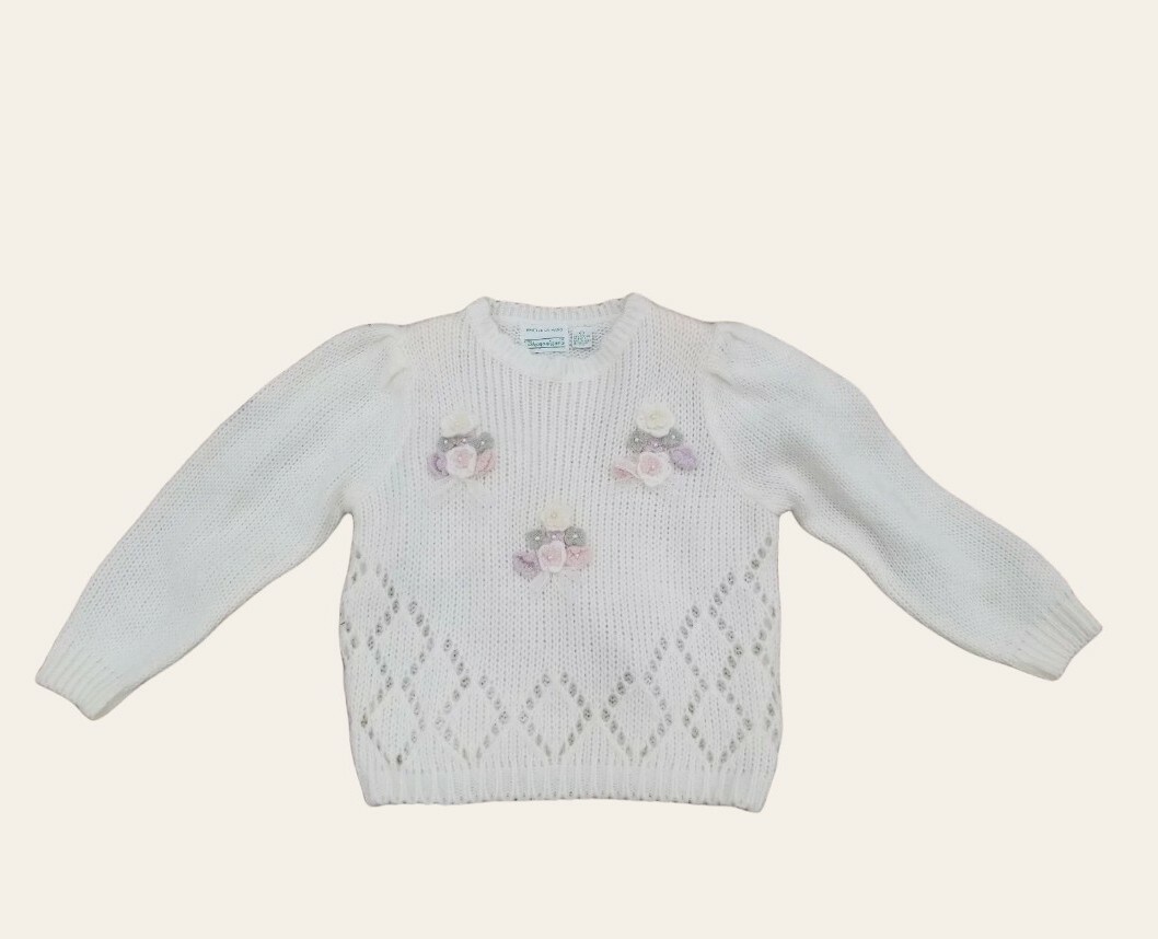 Vintage 80s fairy kei fashion kawai Hand-knit Pullover Romantic Floral Sweater L