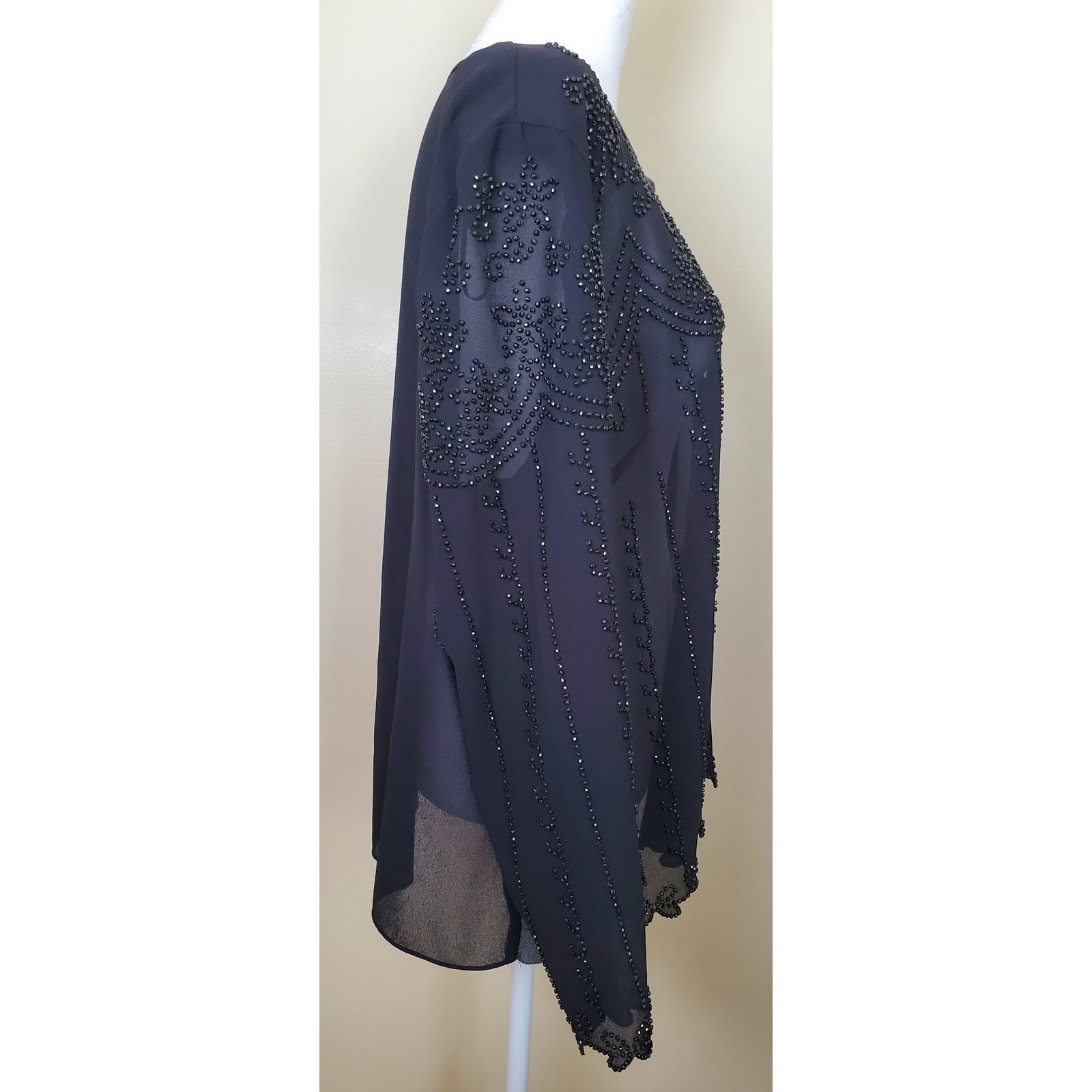R&M Richards Vintage Black Beaded Open Front Sheer Jacket 18 Elegant Formal