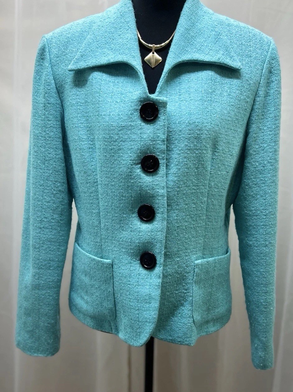 Jessica Howard Womens 12 Teal Textured Blazer Jacket Lined Career Office