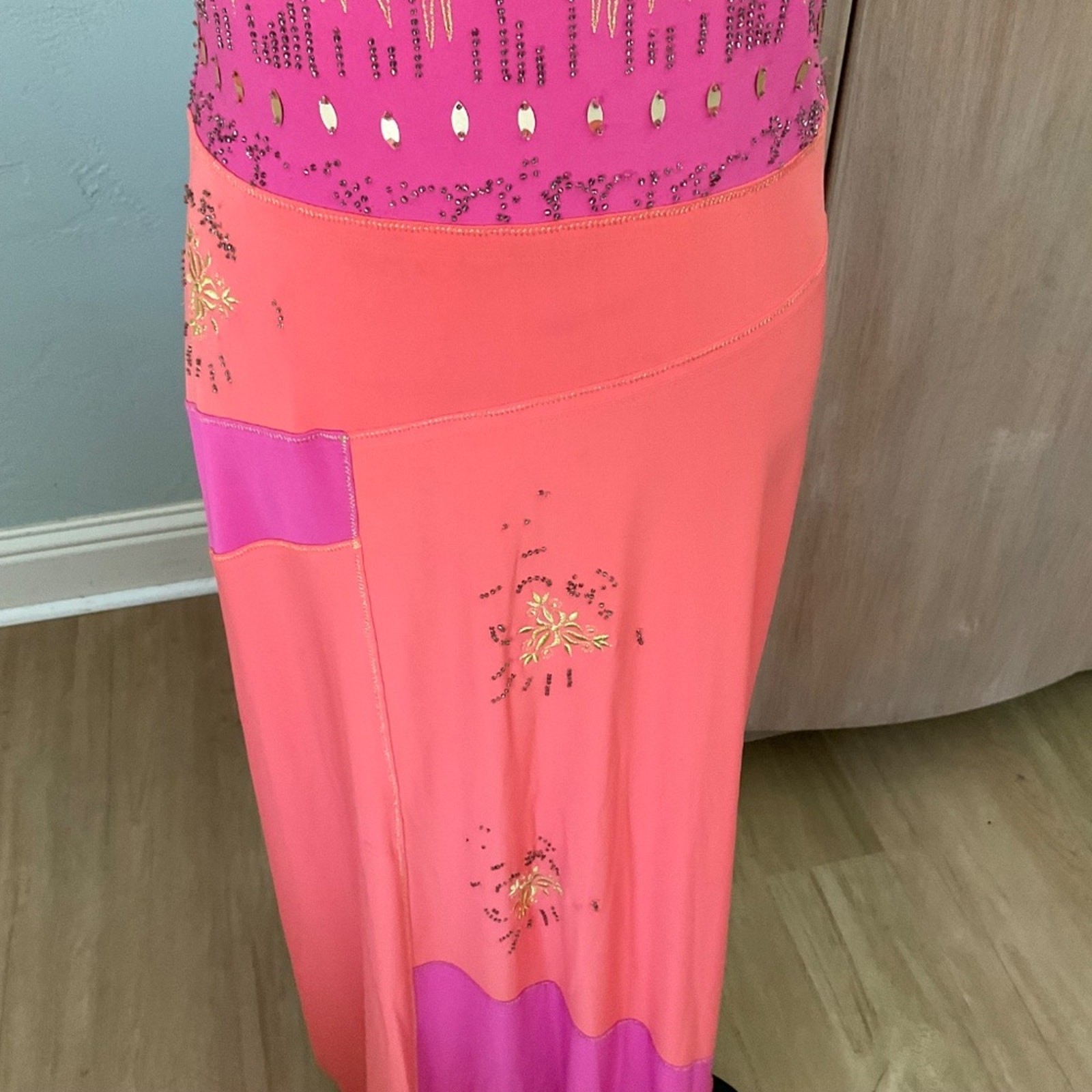 Vtg 90s Y2K Christyne Forti pink orange Gold Beaded embellished bias maxi dress