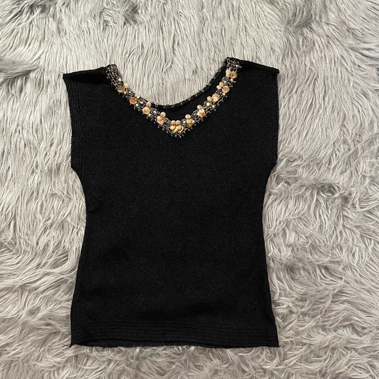 VTG 1960s Jane Colby Twiggy Tank Top Knitted Blouse Black Sequin Beaded Sz S