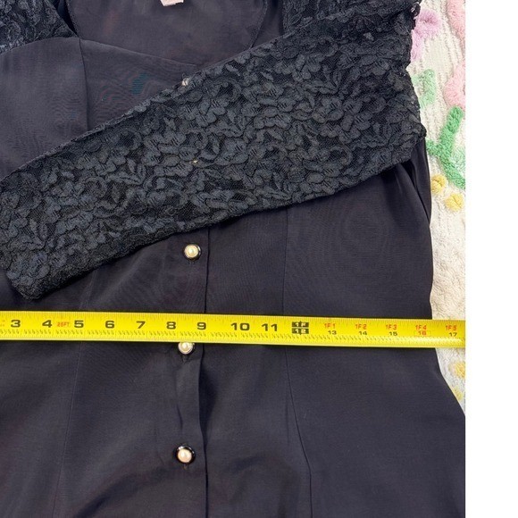 Vintage Jody California Black Lace Sleeve Maxi Dress Pearl Button Corset Back 13