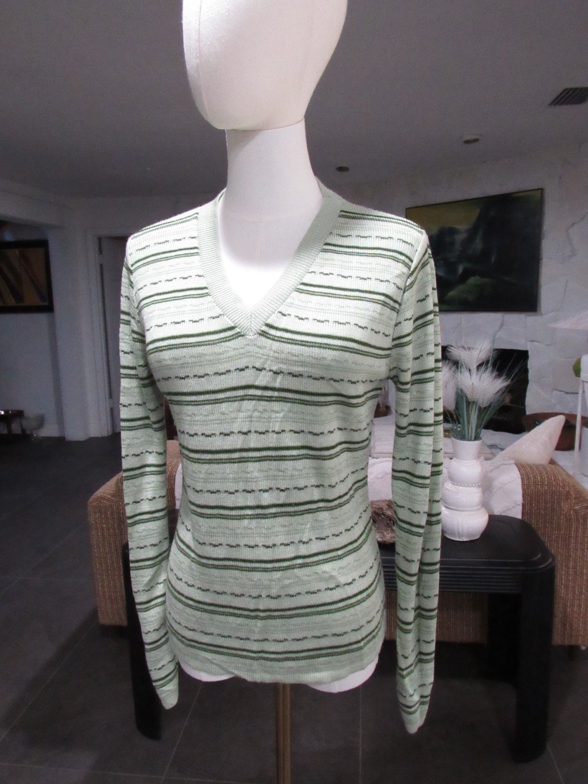 VTG 70s 90s Y2K Top Green Striped Disco V Neck Grunge Hippie Boho M SWEATER mod
