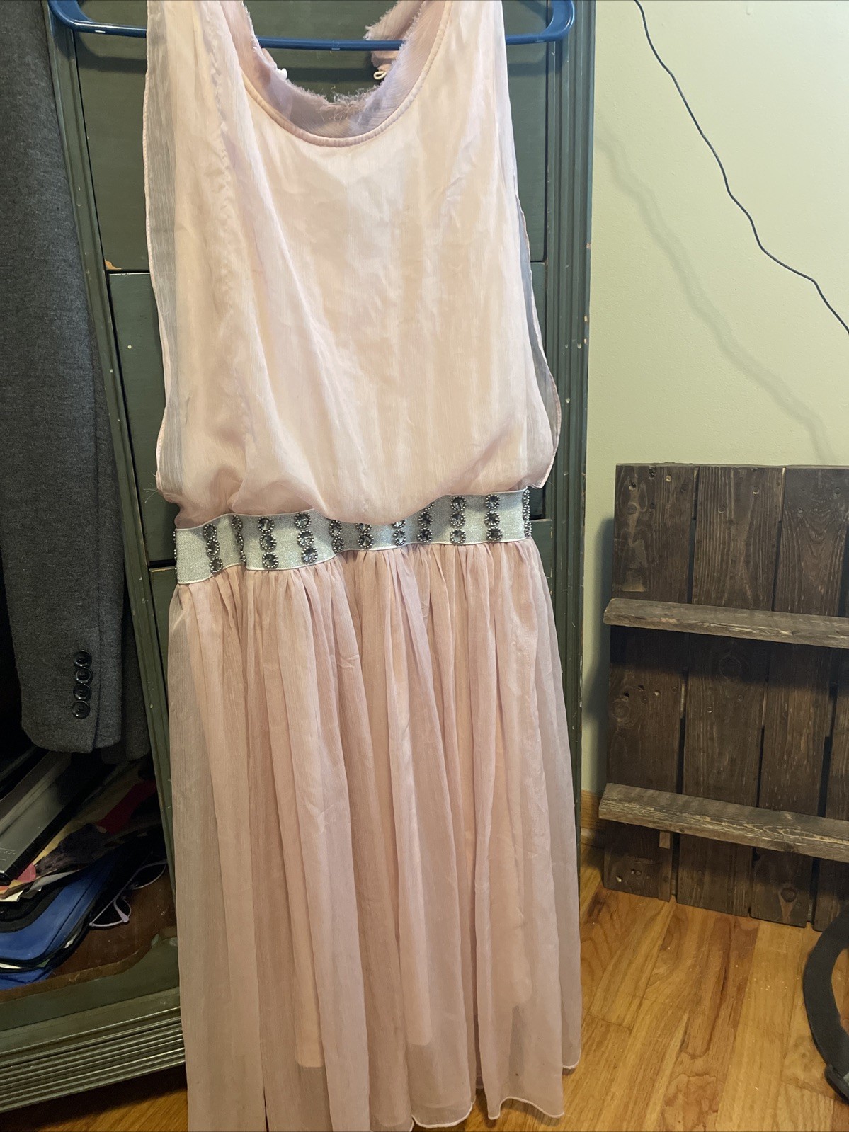 Fabulous Vintage Chiffon Lined Dress Rhinestone Elastic Belt/waste