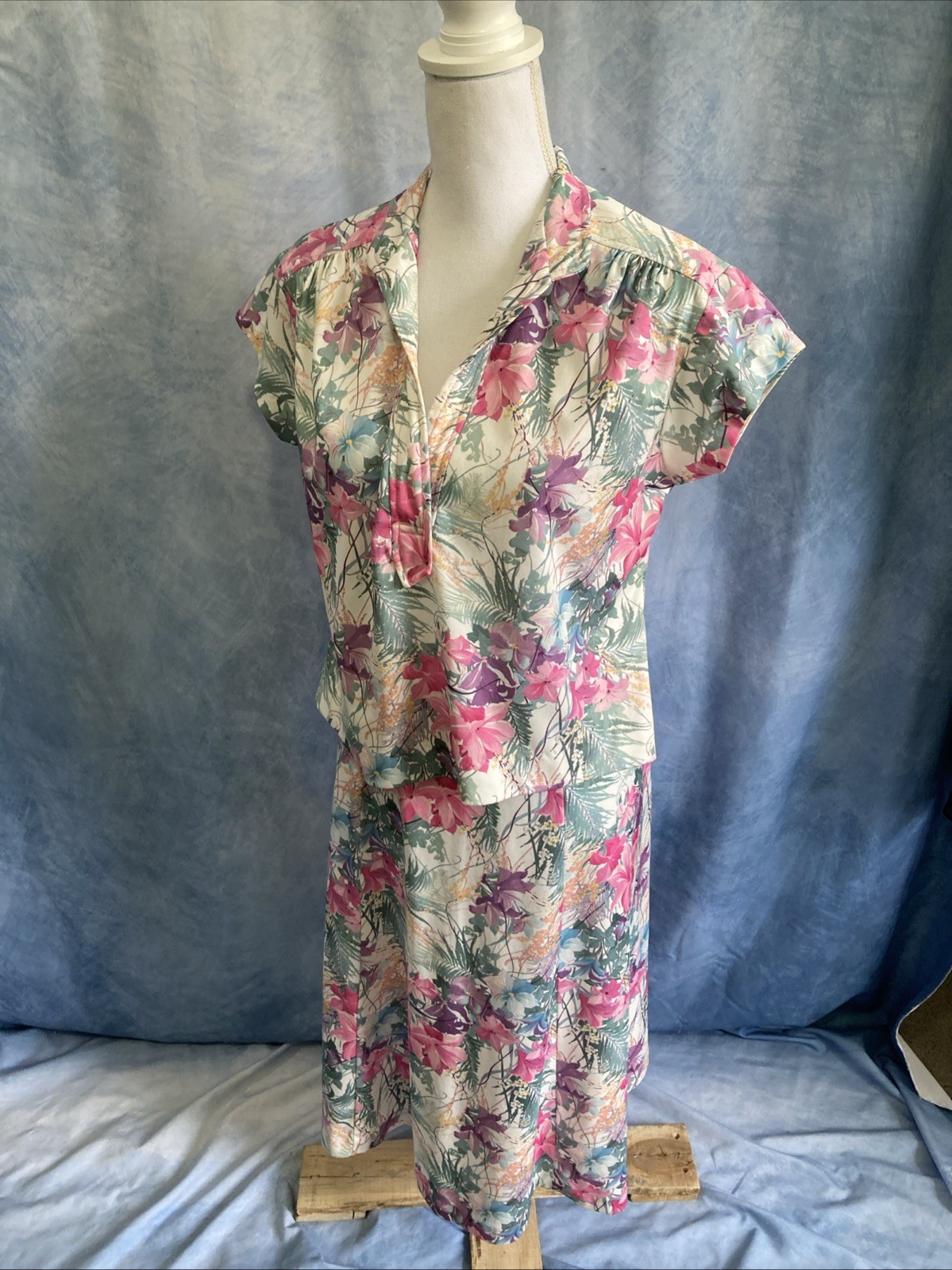 Vtg 80s Cottagecore Floral Skirt Set 2pc Popover Flutter Sleeve Secretary XS S