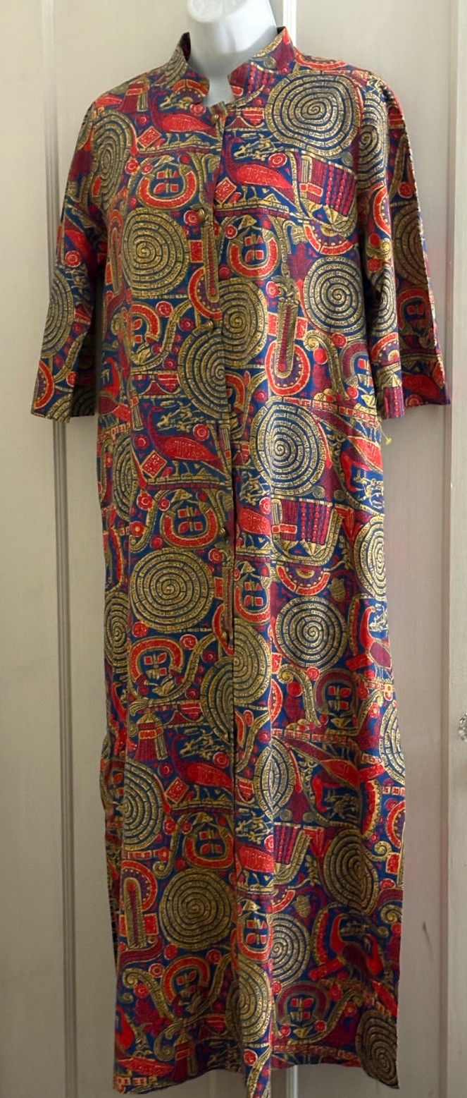 Vintage Sayburg Yellow/Blue/Red Print Cotton Robe/Dress-Size XL (No size tag)
