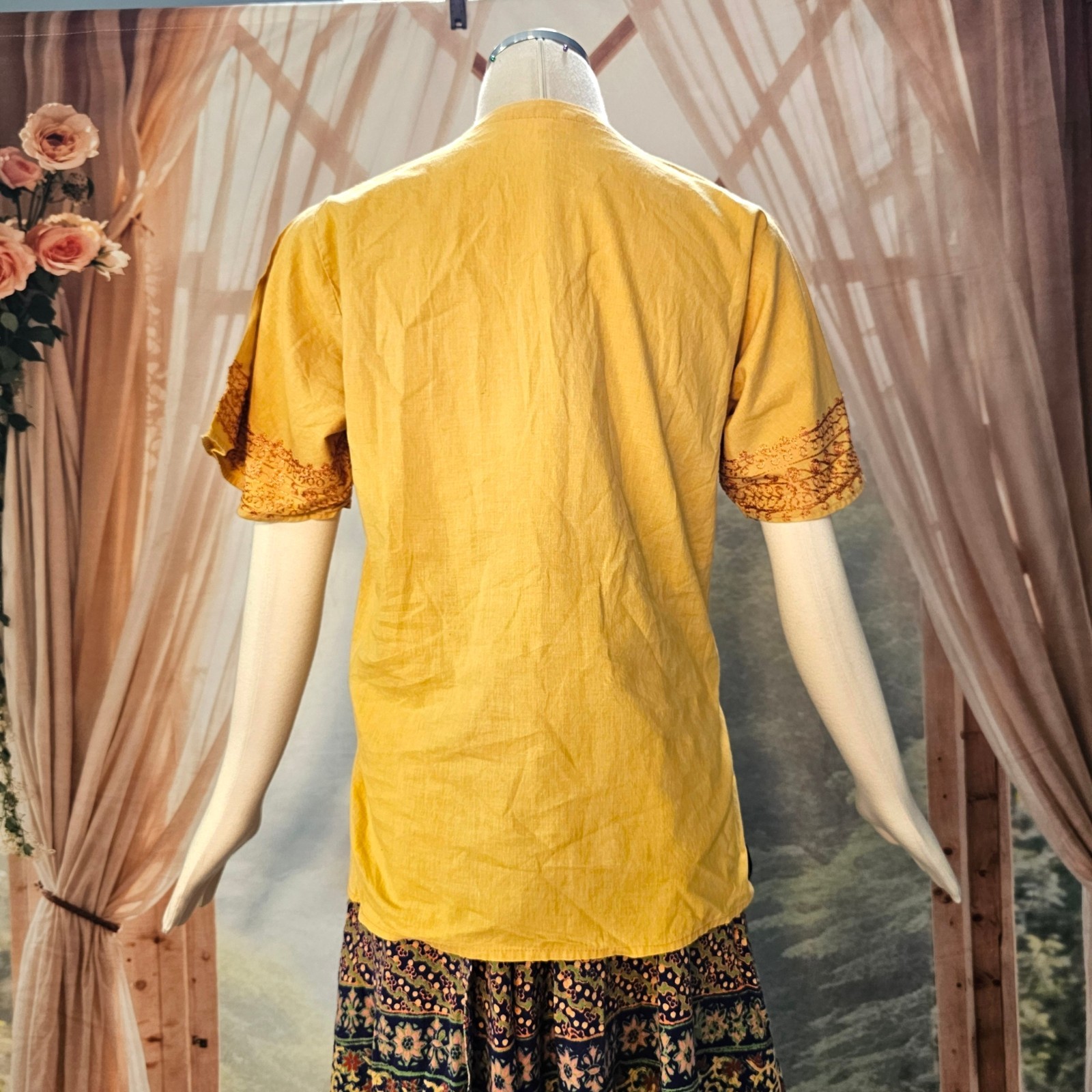 Vintage 1970s Blouse Top Shirt Mustard Yellow Embroidered India Short Sleeve