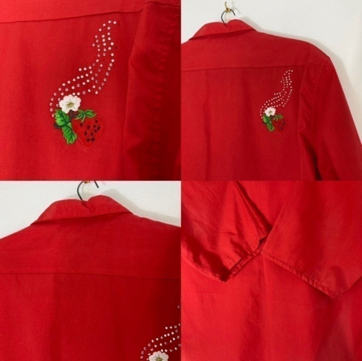 Vintage Las Olas red strawberry rhinestone appliqué button up shirt size Medium