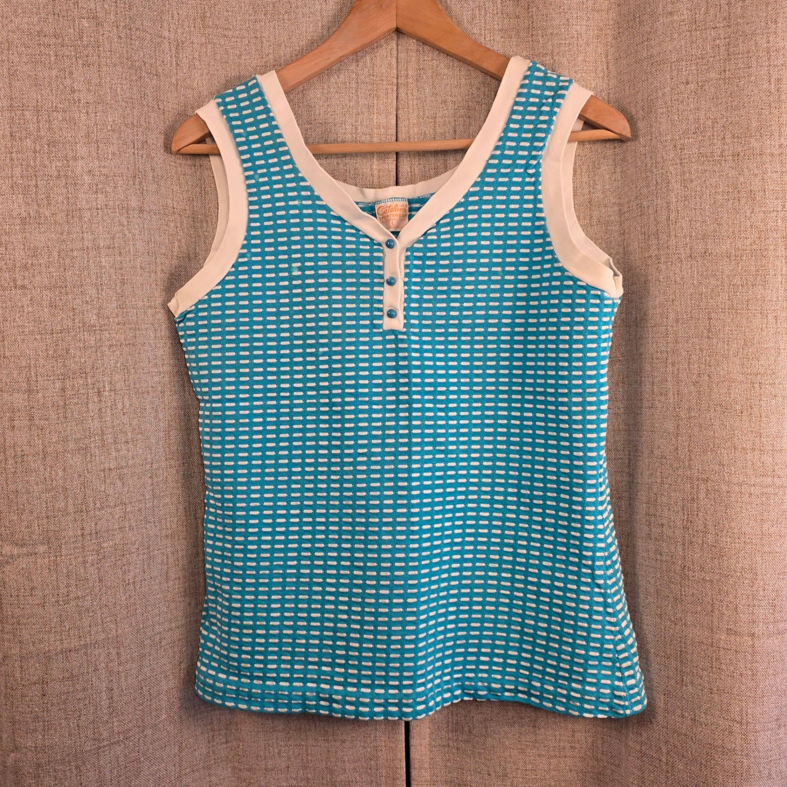 VTG Catalina Sportswear Henley Tank Top Womens L Turquoise White Knit 1/4 Button