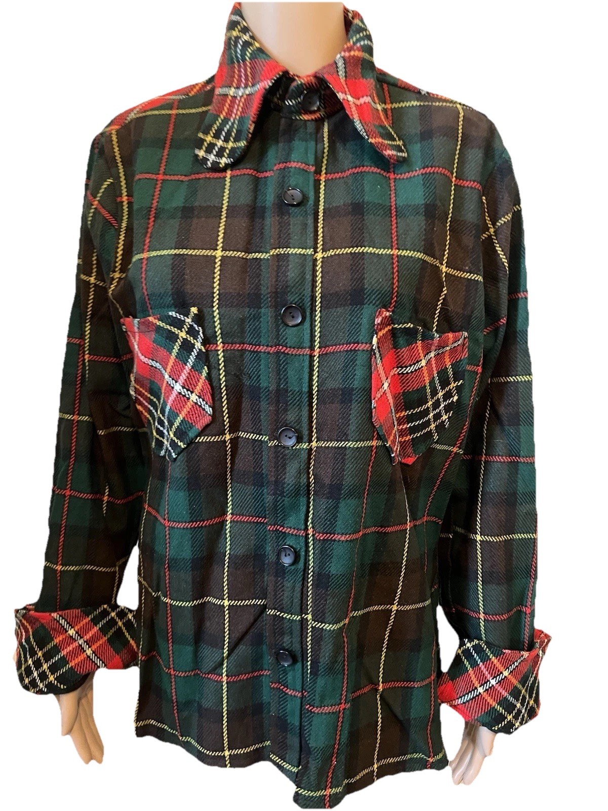 Vintage 1970s Green/Red Tartan Plaid Wool Blouse Women’s L Wide Collar Pockets