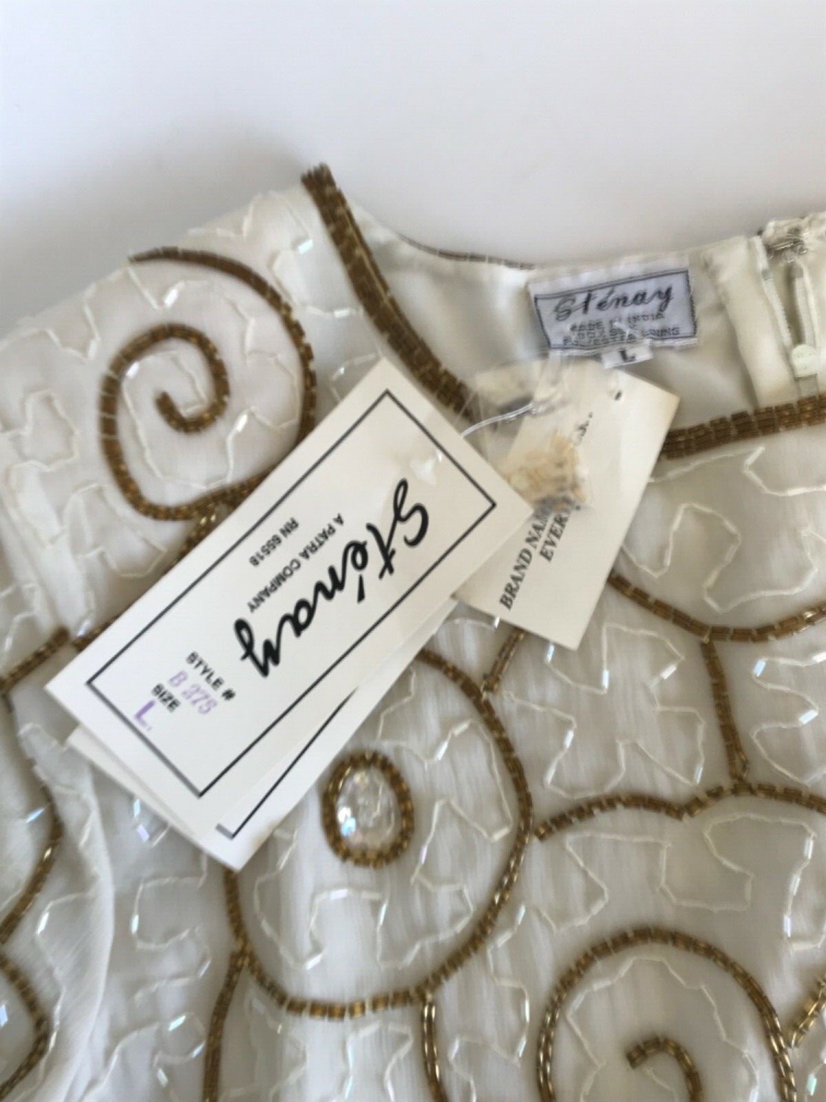 Vintage Silk Beaded Top, Ivory & Gold Stenay Deadstock Blouse, Shirt Formal L