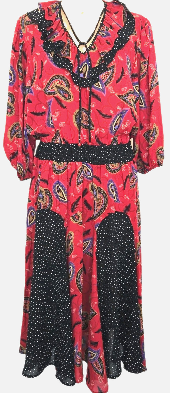 Assorti for Susan Freis M Vintage Midi Dress Ruffle Collar paisley Print red blk