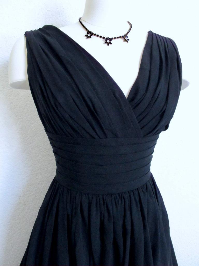 Vintage 50s Miss Elliette Black Cocktail Dress XS Bombshell Ruched Full Skirt