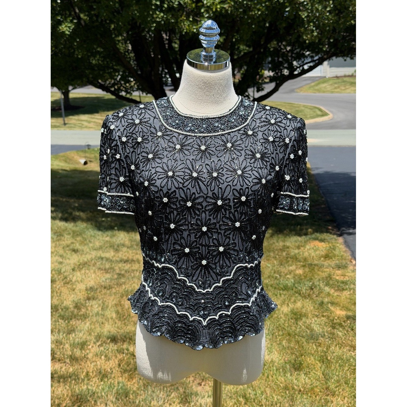 Vintage Adrianna Papell Evening Silk Beaded Pearl Sequin Art Deco Gatsby Top