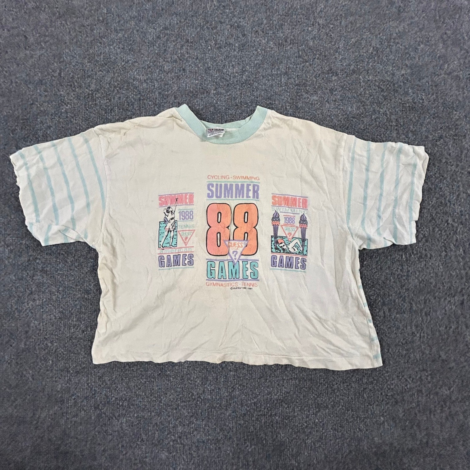 Guess T-Shirt Womens Size M White Vintage 88 Summer Games Striped USA Made