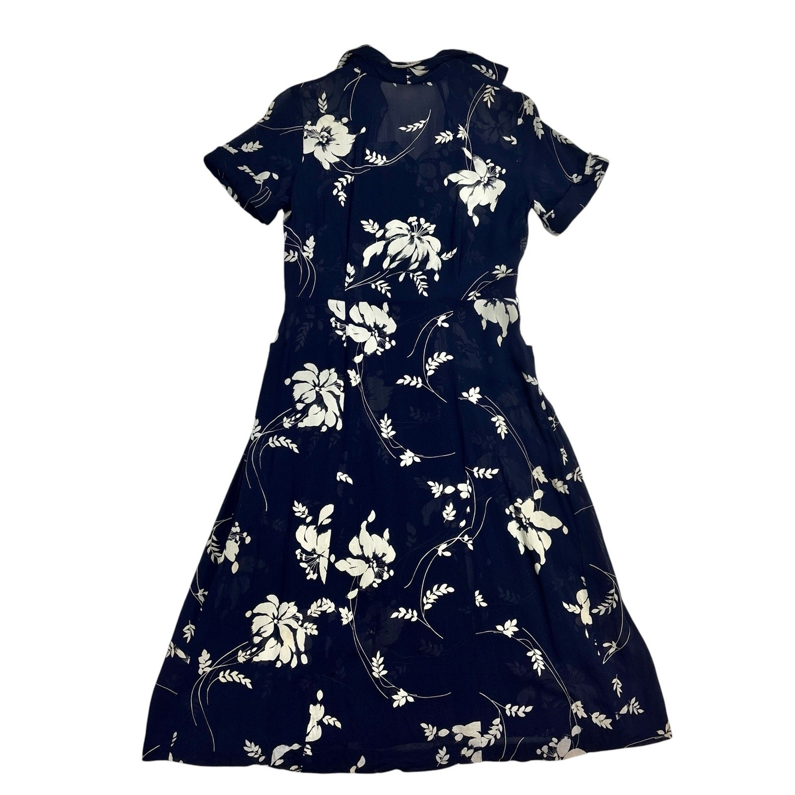 Vintage 1940s Silk Chiffon Shirtwaist Dress Navy Blue Tropical Floral Print