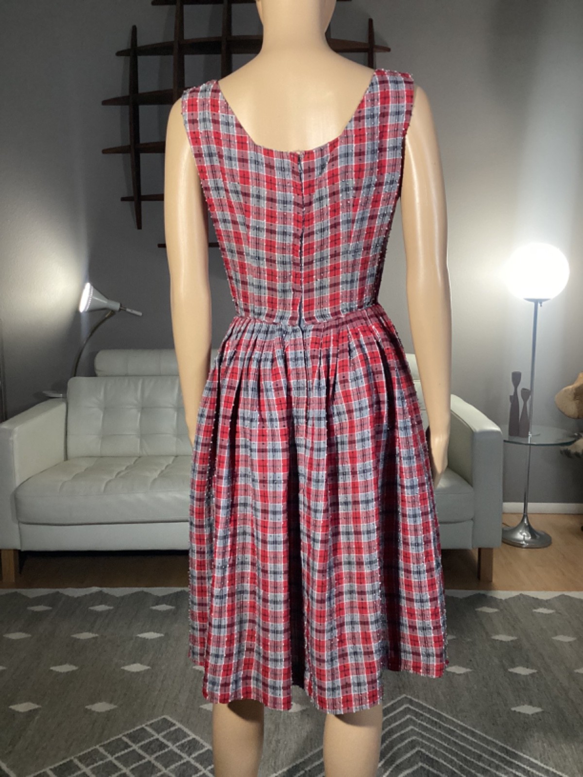 Vintage 1950s Plaid Nubby Sleeveless Day Dress Red Gray Rockabilly