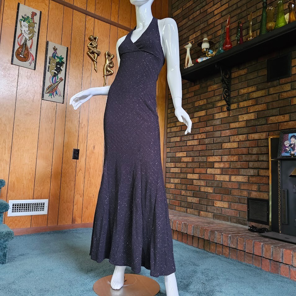 Vtg 80s Silver Glitter Goth Mermaid Backless Halter Dress Evening Prom Gown S