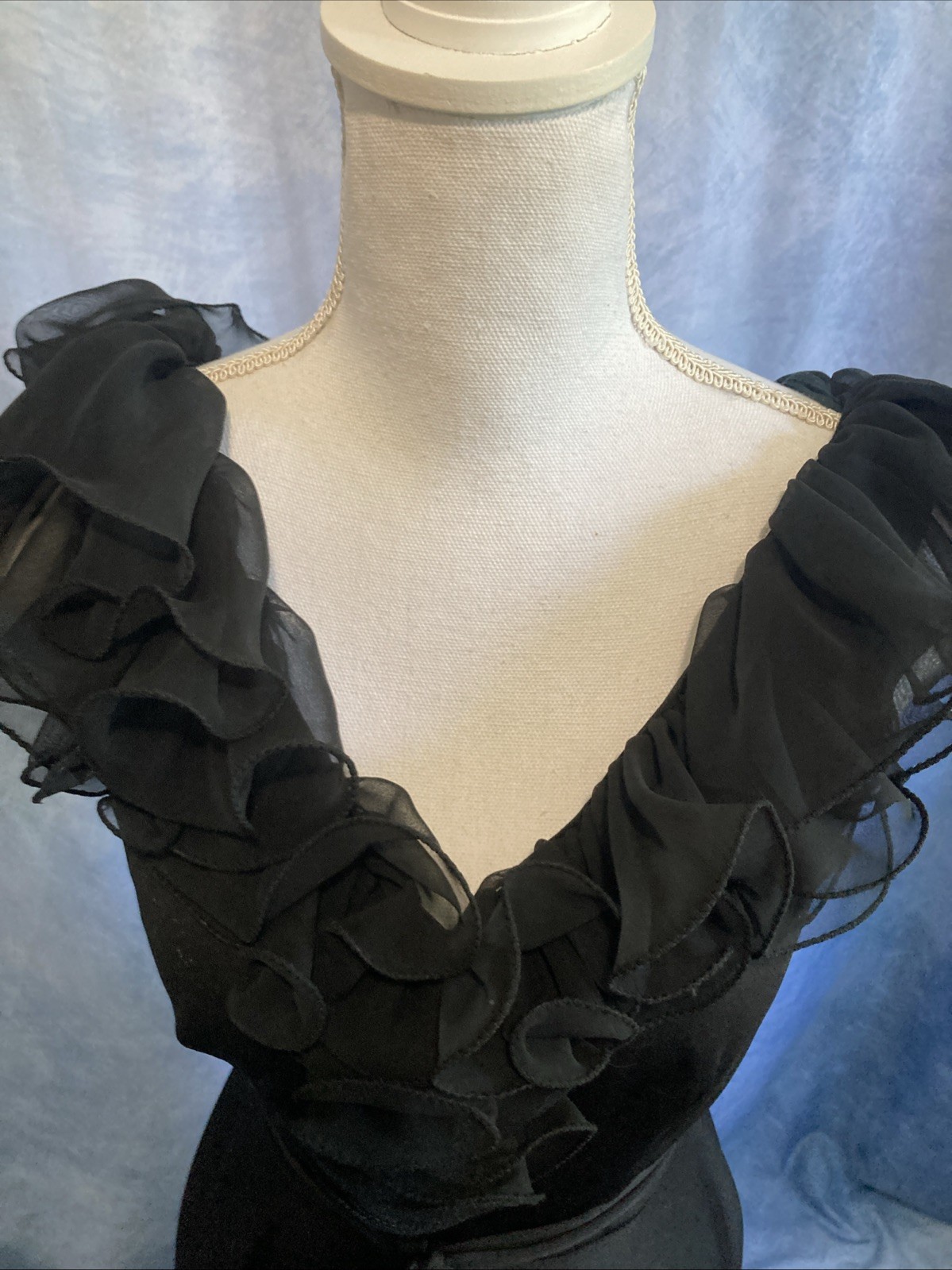 Vtg 70s Black Sheer Ruffled Party Dress XS Lightweight Polyester ILGWU Union Tag