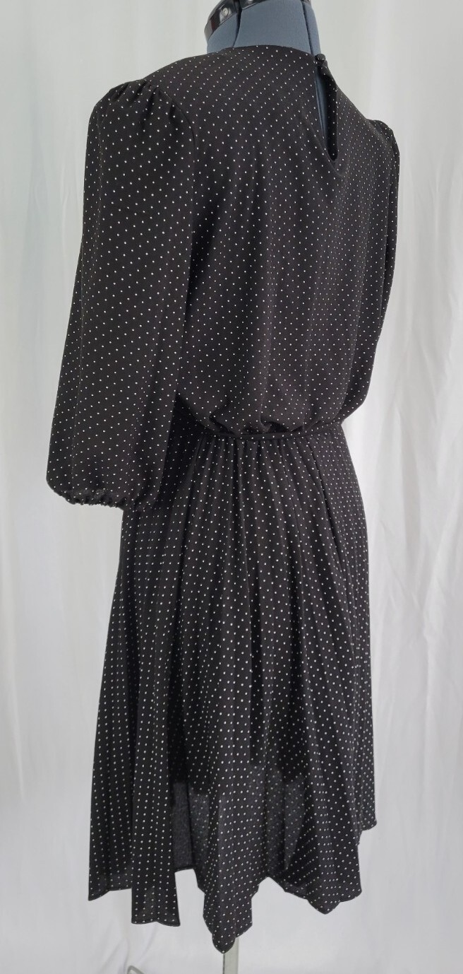 Vtg Earth Angel Dress in Black w Cream Polka Dots/Tie Waist/Pleated Skirt 15/16