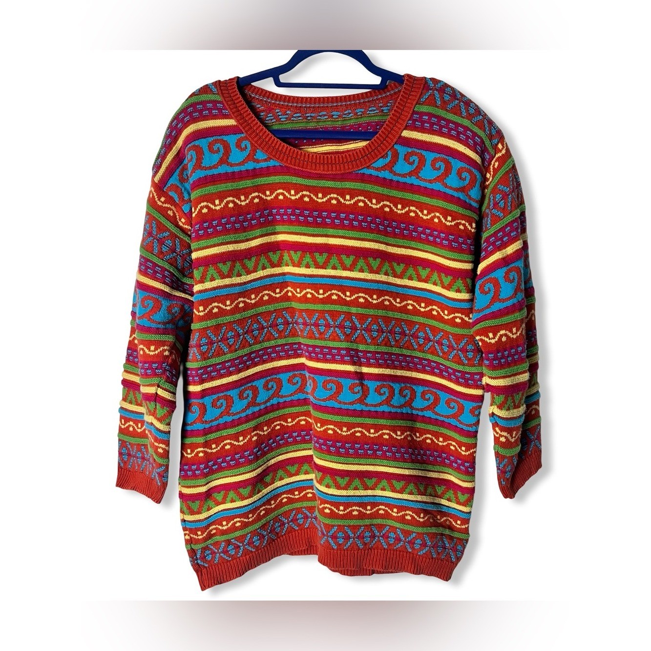 Vintage 80s Coogi Style Textured Multicolor Knit Sweater Shoulder Pads Sz M/L